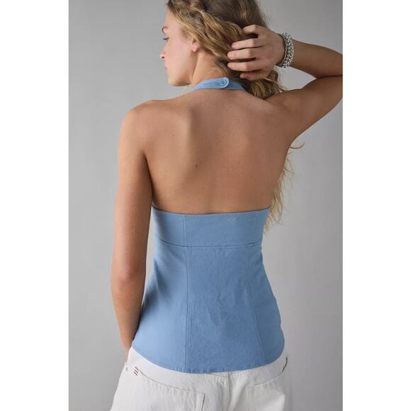 Urban Outfitters Sari Seamed Linen-Blend Halter Vest Top - Picture 2 of 5